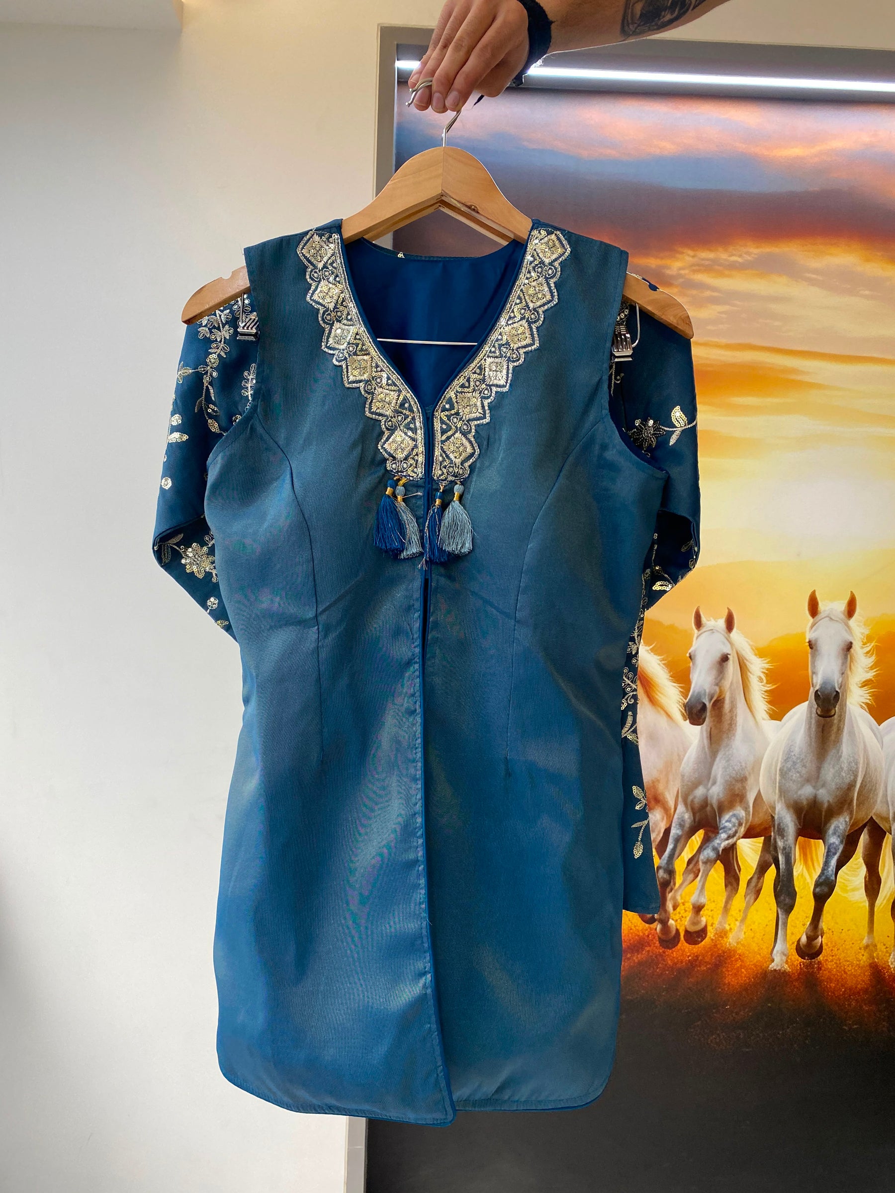 Designer Blue Embroidered Kurti Palazzo Set | Floral Sequin & Bead Work