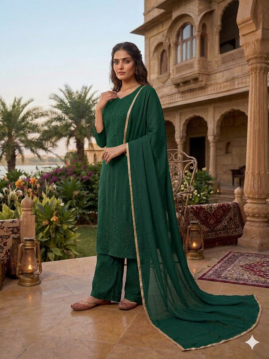 Designer Pure Muslin Embroidered 3 Piece Suit Set with Dupatta