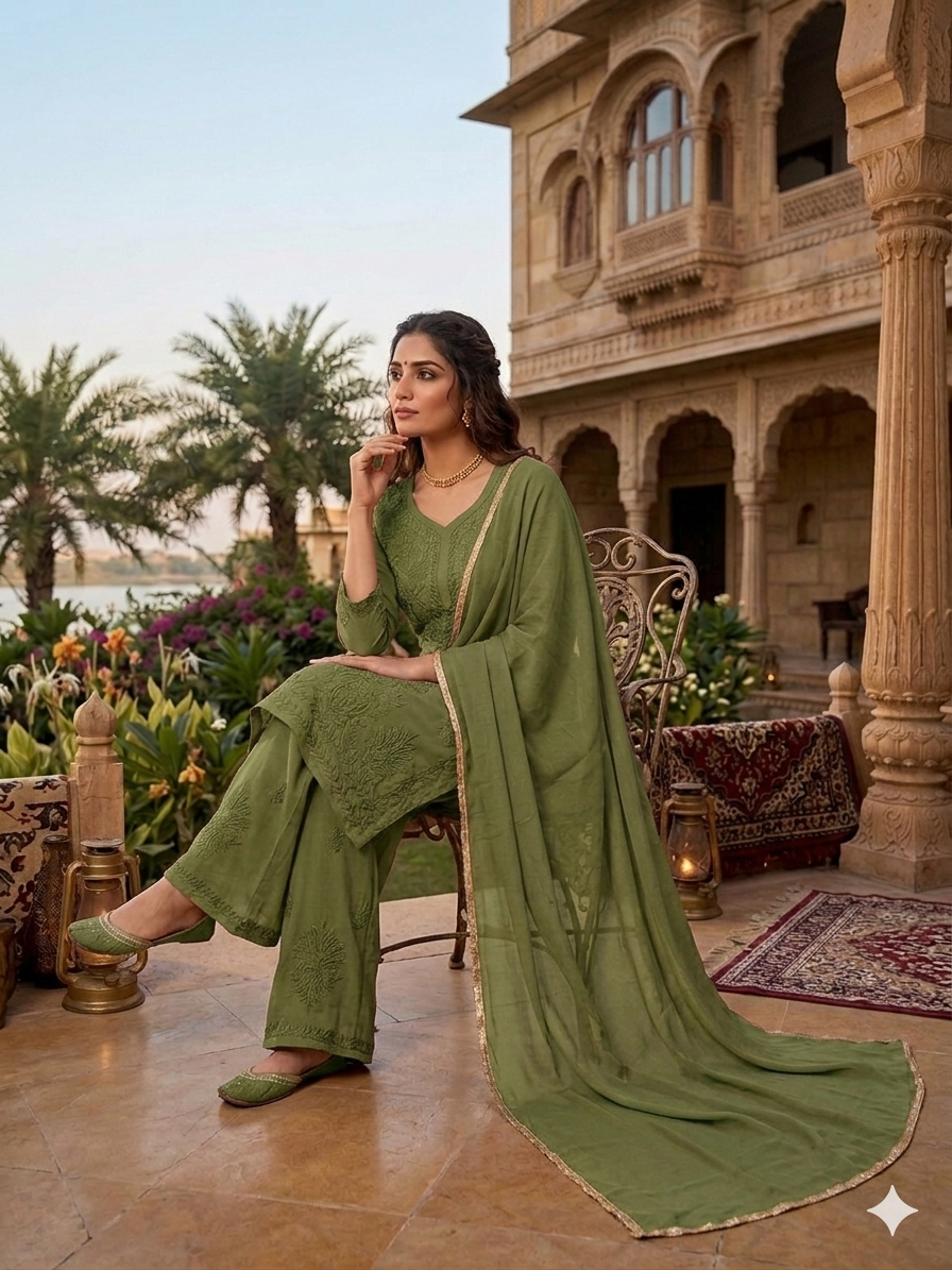 Designer Pure Muslin Embroidered 3 Piece Suit Set with Dupatta