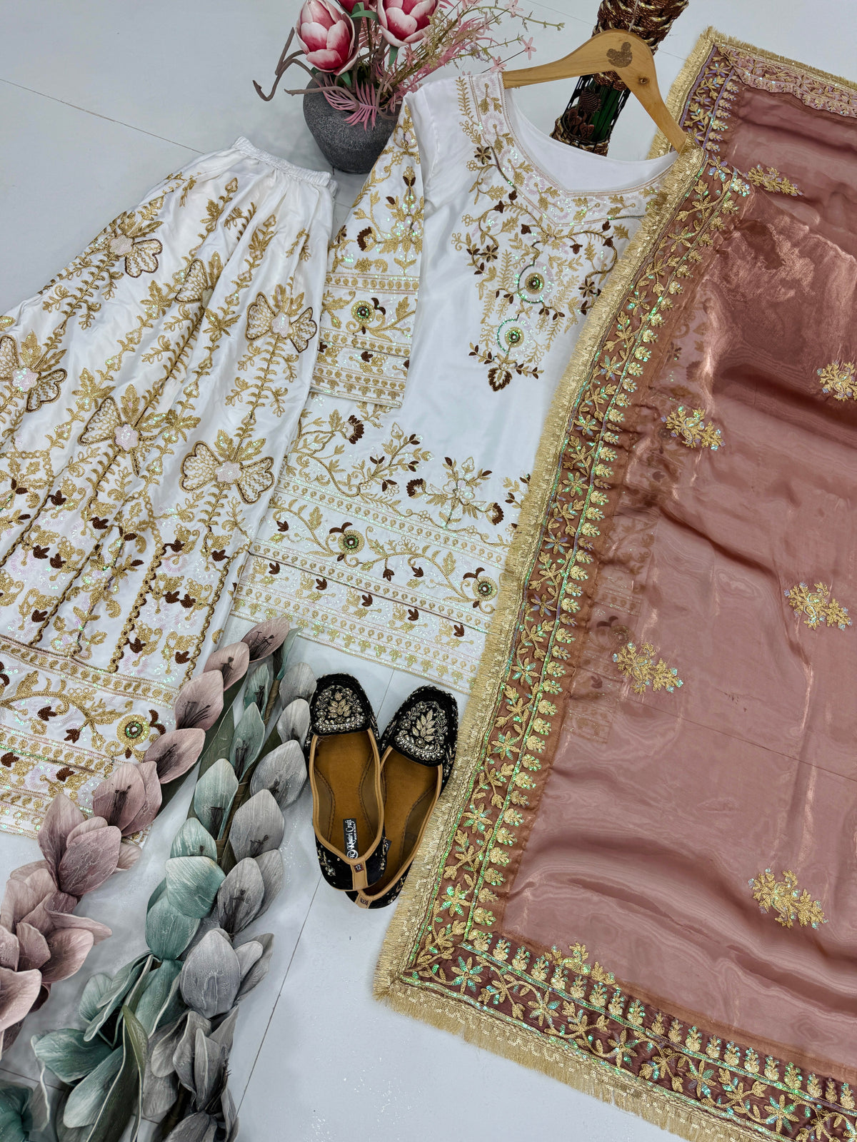 Luxury Embroidered Pakistani Salwar Suit with Palazzo & Brown Organza Dupatta – Wedding Party Wear for Women