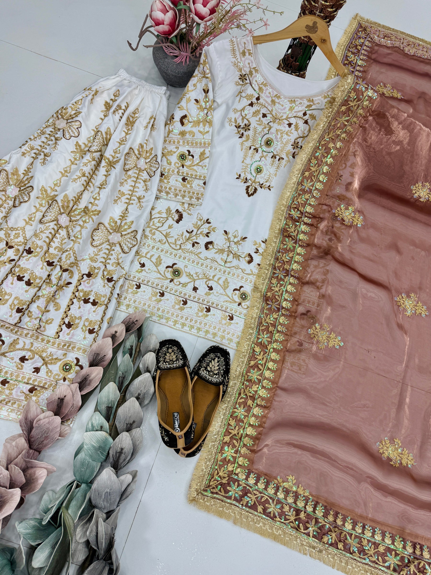 Luxury Embroidered Pakistani Salwar Suit with Palazzo & Brown Organza Dupatta – Wedding Party Wear for Women