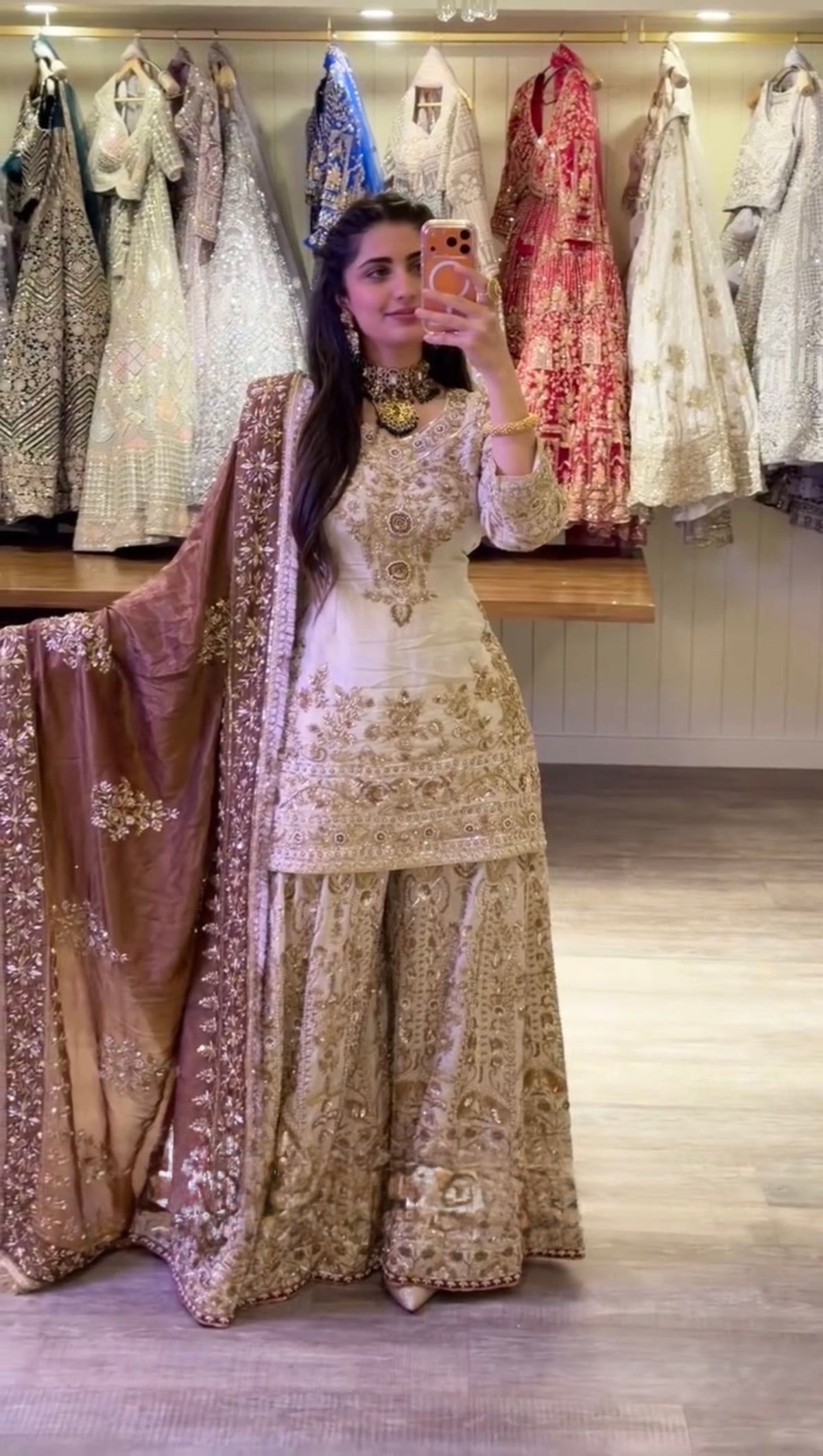 Luxury Embroidered Pakistani Salwar Suit with Palazzo & Brown Organza Dupatta – Wedding Party Wear for Women