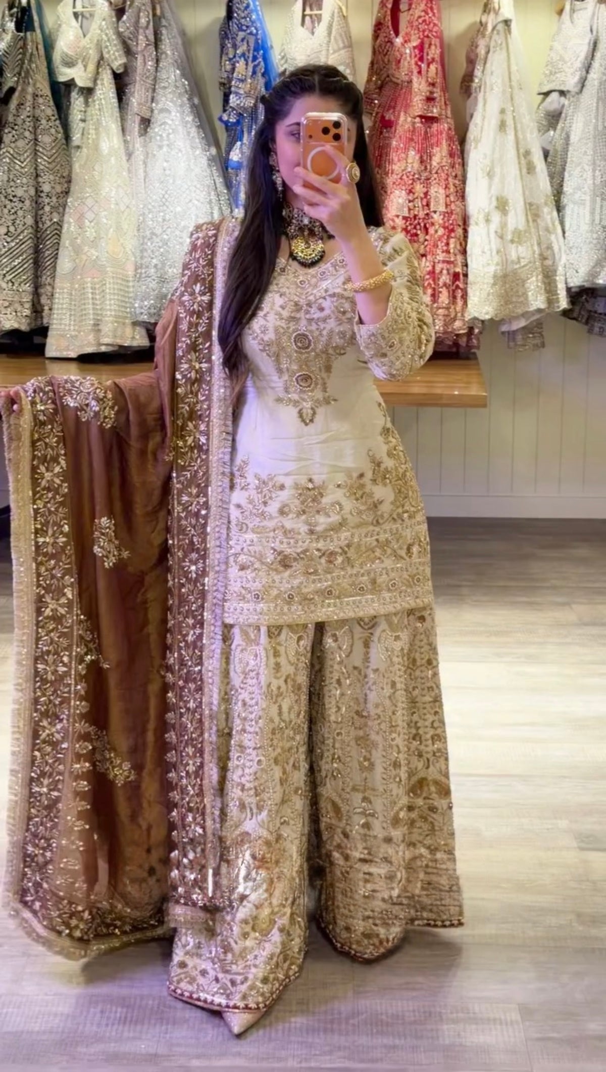 Luxury Embroidered Pakistani Salwar Suit with Palazzo & Brown Organza Dupatta – Wedding Party Wear for Women