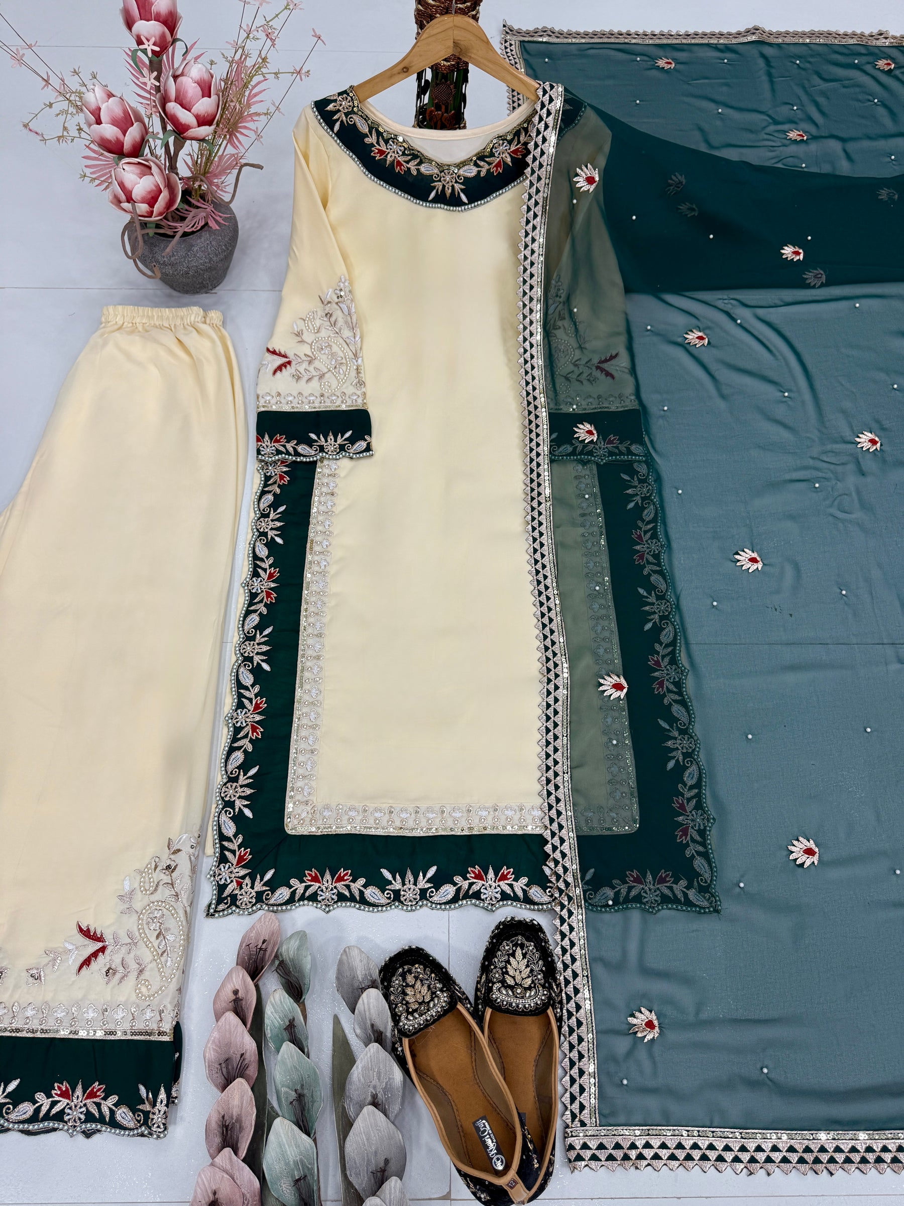 Elegant Ivory & Emerald Green Embroidered Pakistani Salwar Suit with Chiffon Dupatta