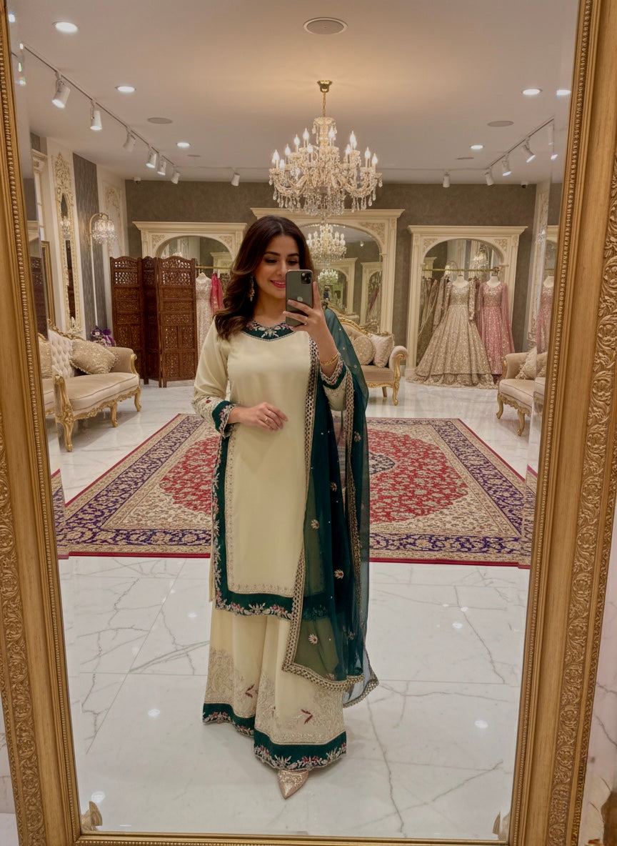 Elegant Ivory & Emerald Green Embroidered Pakistani Salwar Suit with Chiffon Dupatta