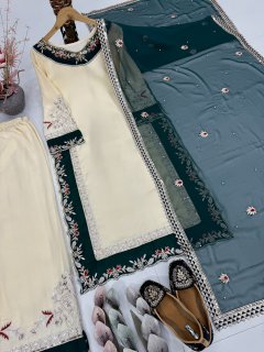 Elegant Ivory & Emerald Green Embroidered Pakistani Salwar Suit with Chiffon Dupatta