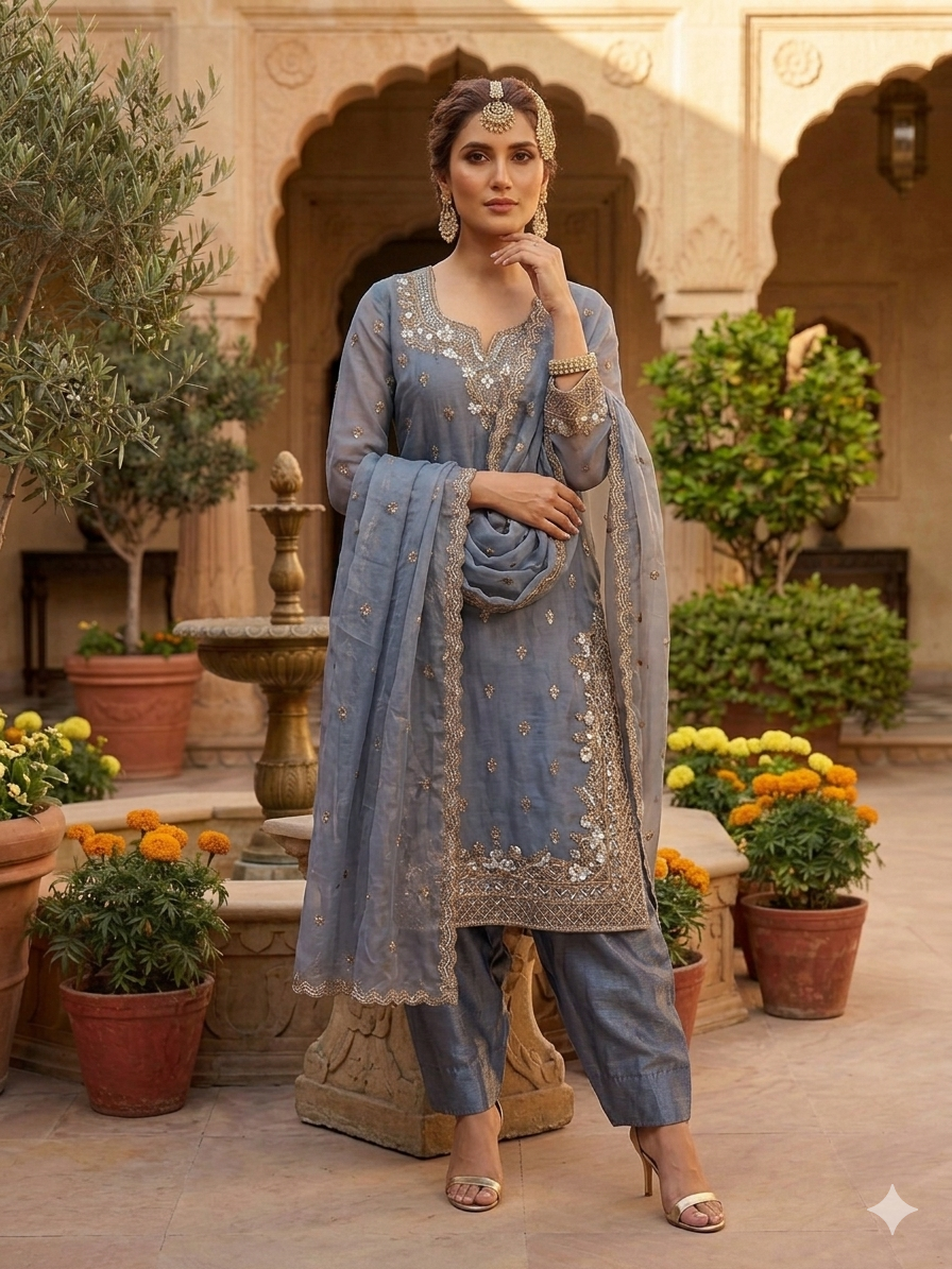 Designer Blue Grey Embroidered 3 Piece Suit Set with Dupatta