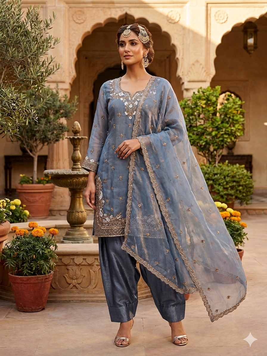 Designer Blue Grey Embroidered 3 Piece Suit Set with Dupatta