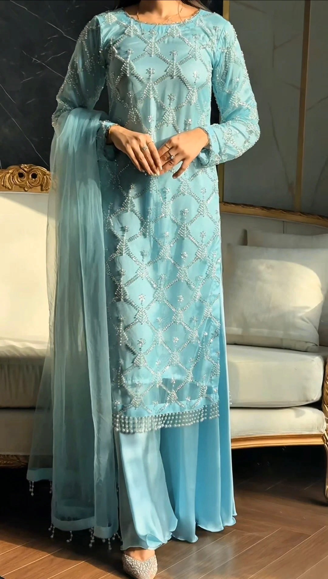 Blush Pink Hand Embellished Pakistani Salwar Suit with Net Dupatta