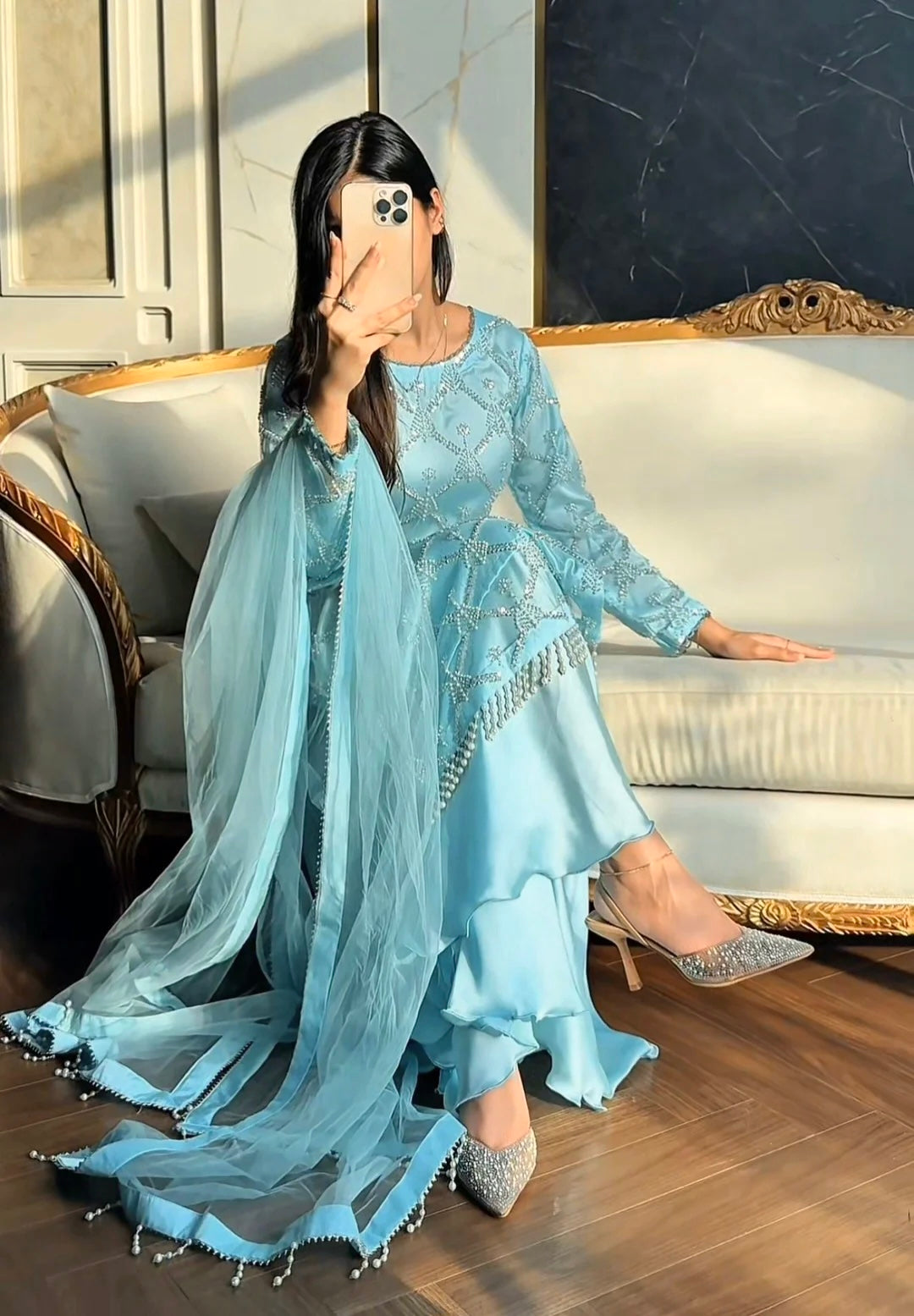 Blush Pink Hand Embellished Pakistani Salwar Suit with Net Dupatta