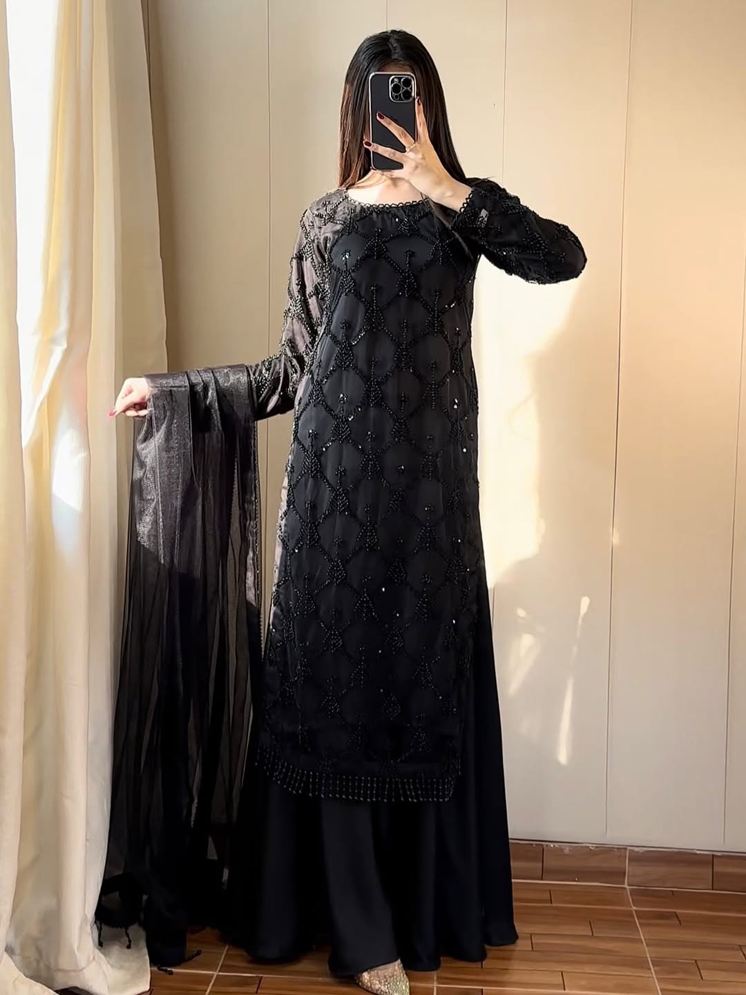 Blush Pink Hand Embellished Pakistani Salwar Suit with Net Dupatta