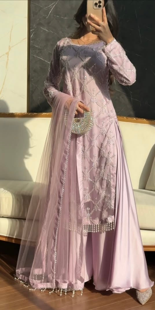 Blush Pink Hand Embellished Pakistani Salwar Suit with Net Dupatta