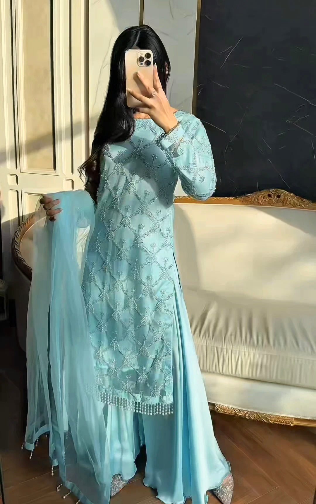 Blush Pink Hand Embellished Pakistani Salwar Suit with Net Dupatta
