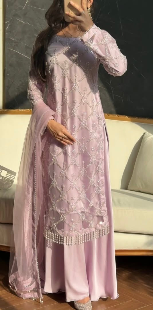 Blush Pink Hand Embellished Pakistani Salwar Suit with Net Dupatta