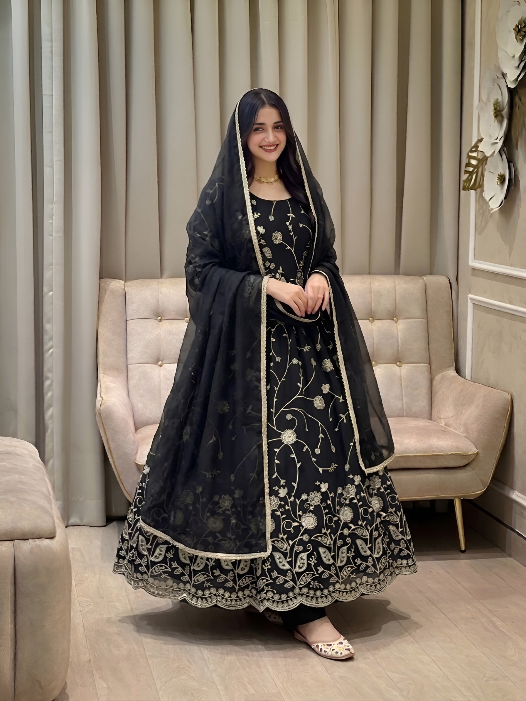 Black Designer Embroidered Anarkali Gown with Dupatta | Festive Wear