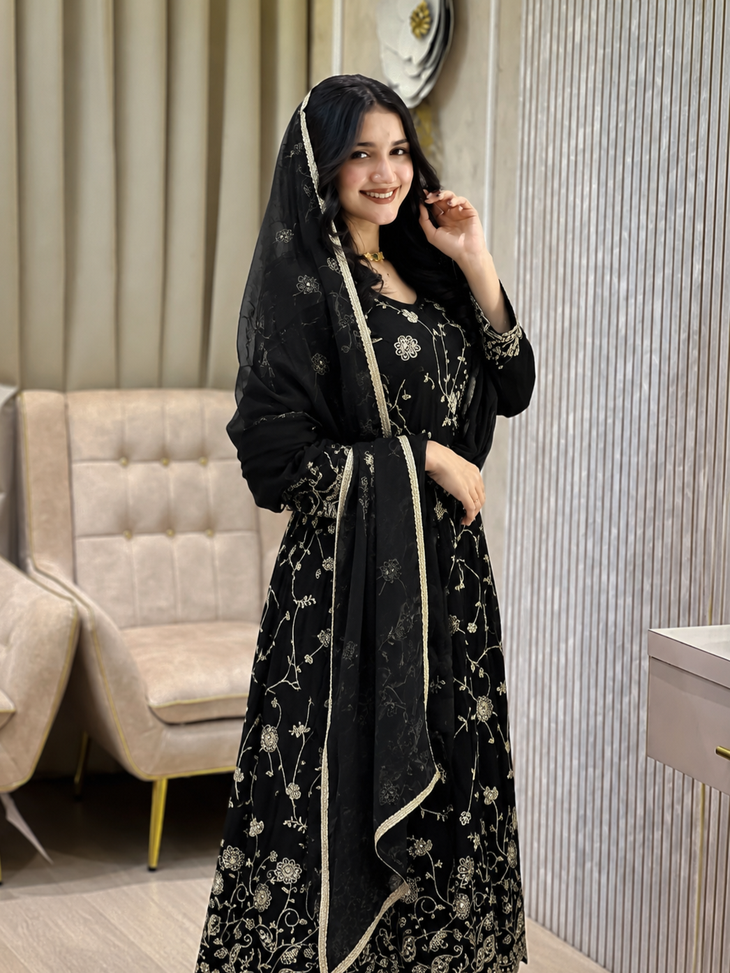 Black Designer Embroidered Anarkali Gown with Dupatta | Festive Wear