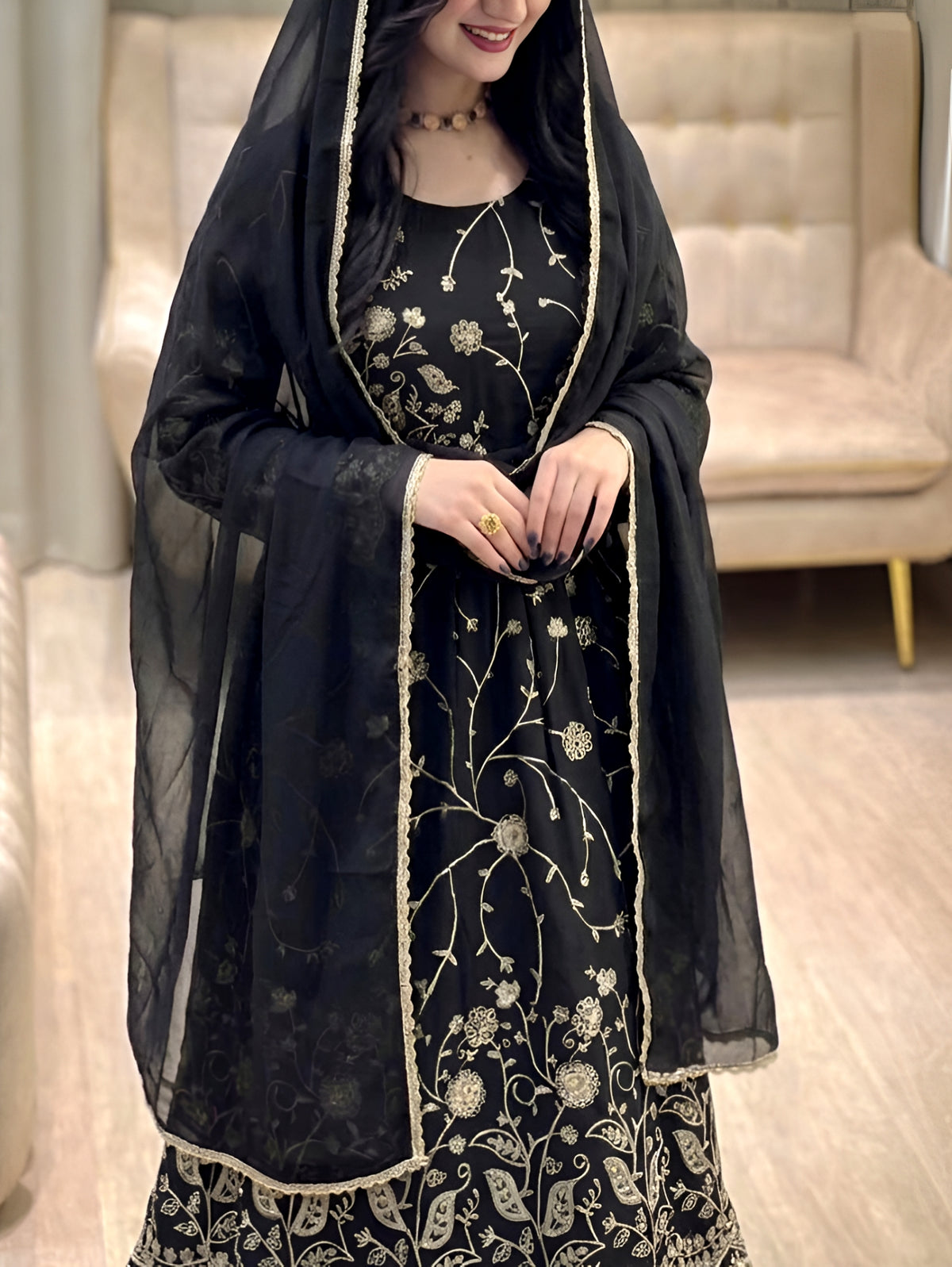 Black Designer Embroidered Anarkali Gown with Dupatta | Festive Wear