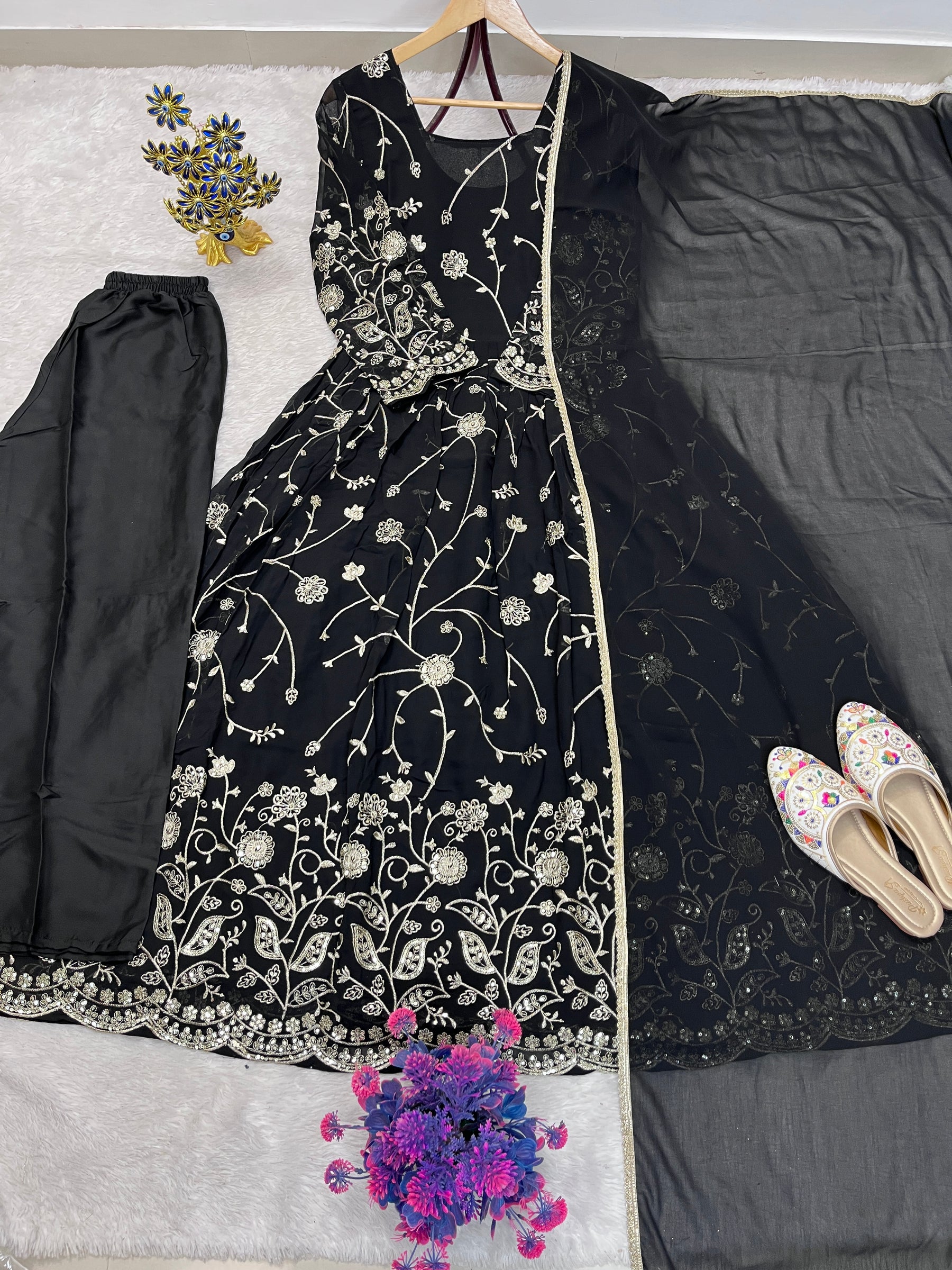 Black Designer Embroidered Anarkali Gown with Dupatta | Festive Wear