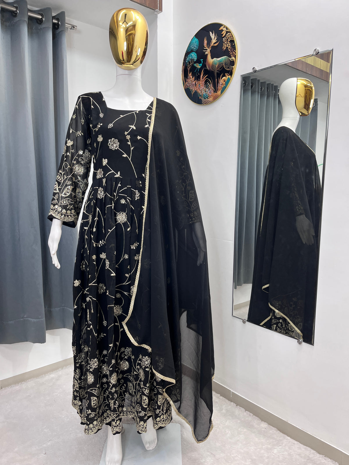 Black Designer Embroidered Anarkali Gown with Dupatta | Festive Wear
