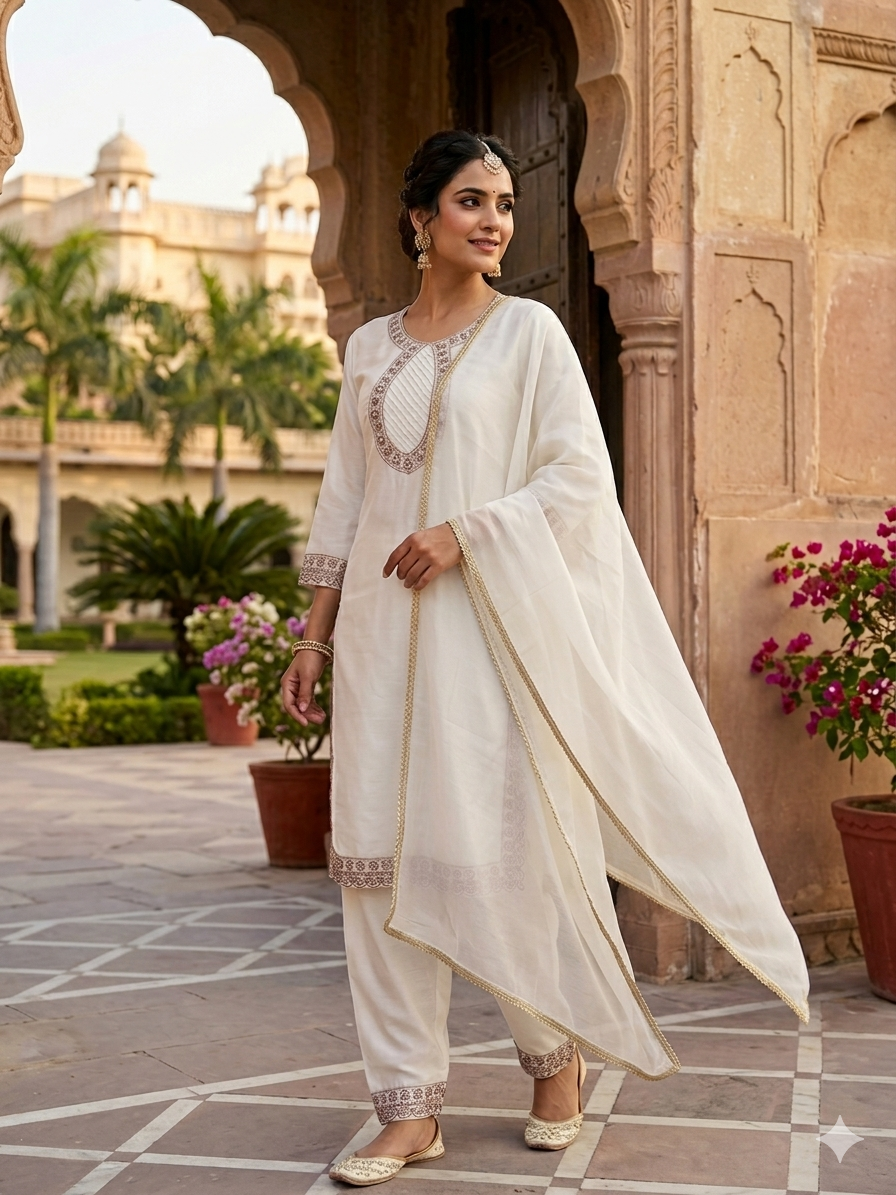 Elegant Ivory Embroidered 3 Piece Suit Set with Dupatta