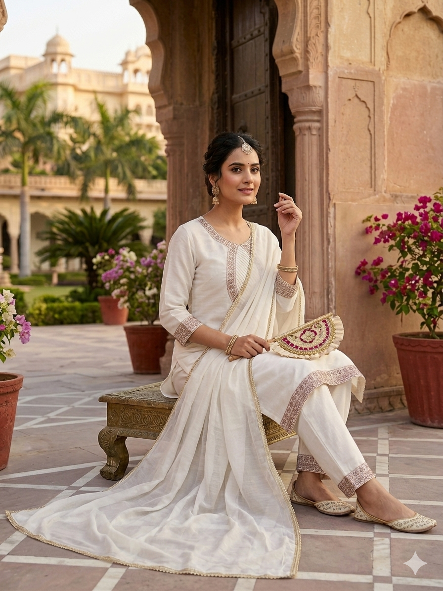 Elegant Ivory Embroidered 3 Piece Suit Set with Dupatta