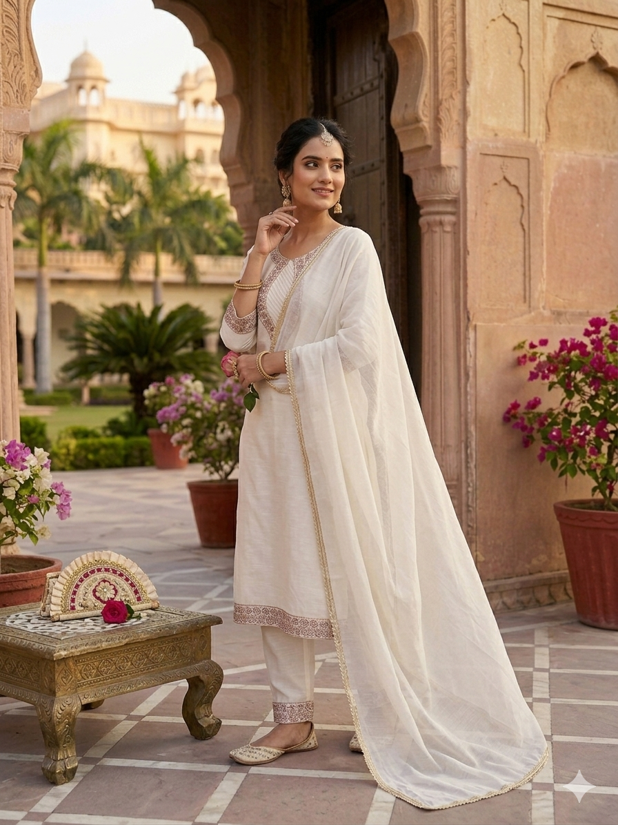 Elegant Ivory Embroidered 3 Piece Suit Set with Dupatta