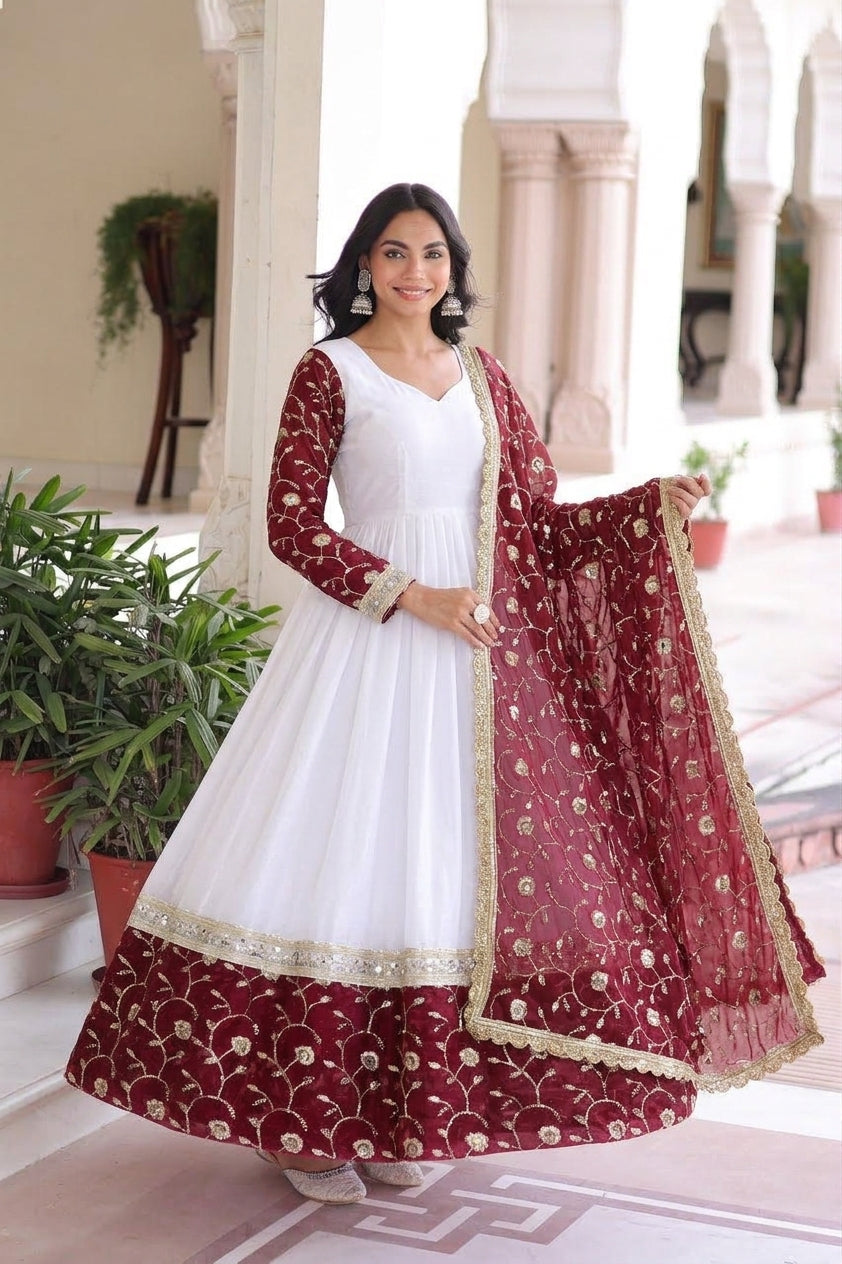 Designer Maroon & White Embroidered 3 Piece Anarkali Suit Set with Dupatta