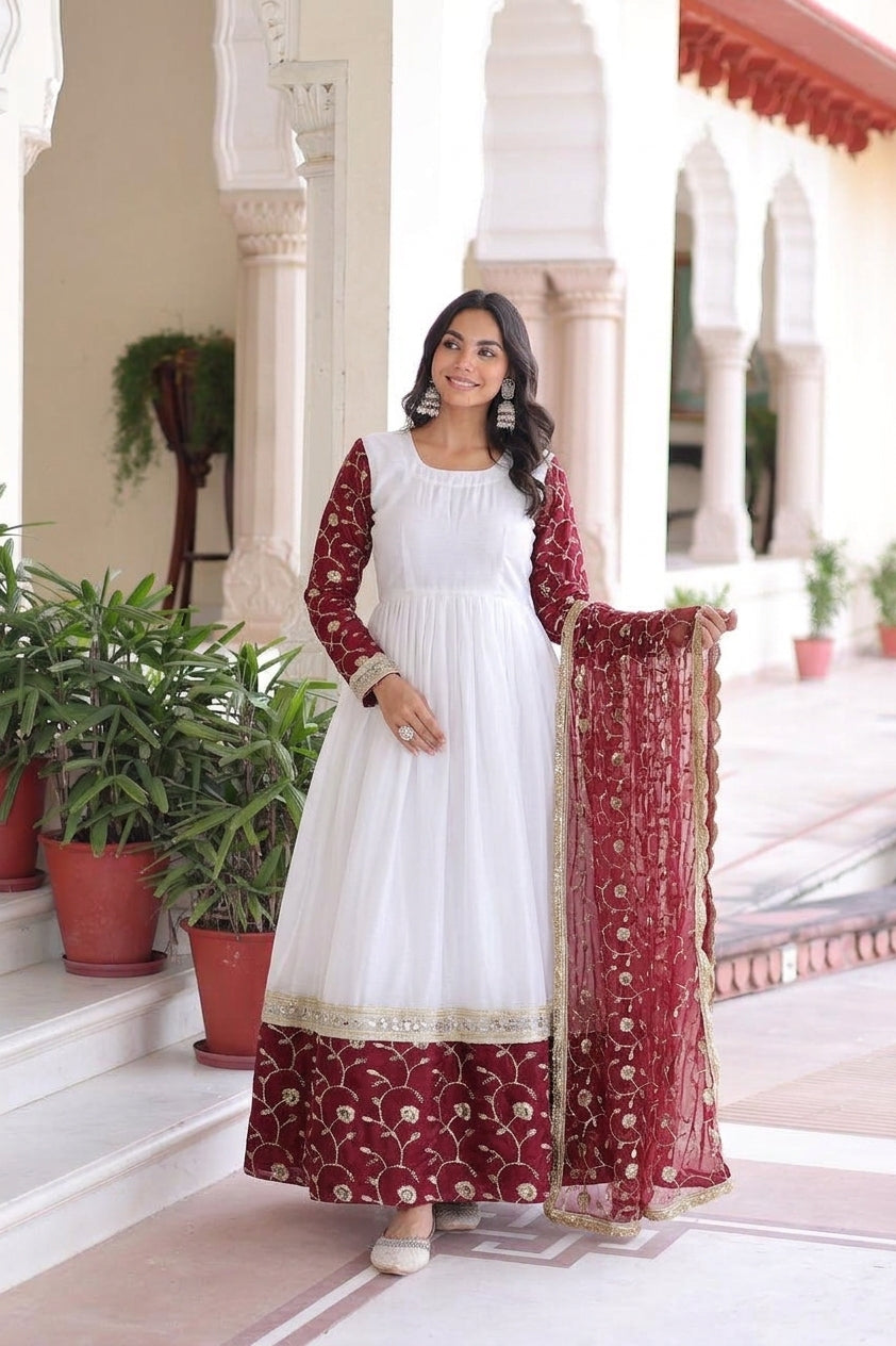 Designer Maroon & White Embroidered 3 Piece Anarkali Suit Set with Dupatta