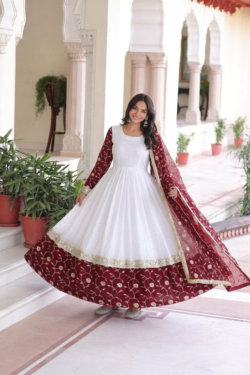 Designer Maroon & White Embroidered 3 Piece Anarkali Suit Set with Dupatta