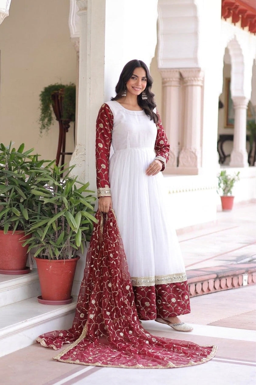 Designer Maroon & White Embroidered 3 Piece Anarkali Suit Set with Dupatta