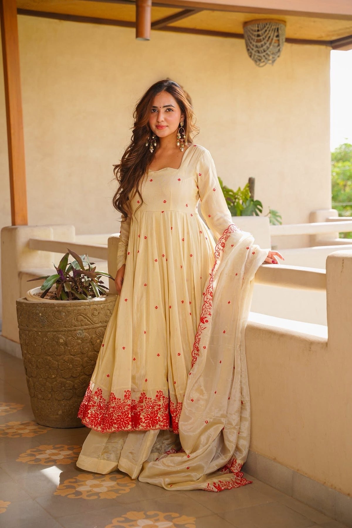 Cream Red Embroidered Anarkali Suit Set with Dupatta
