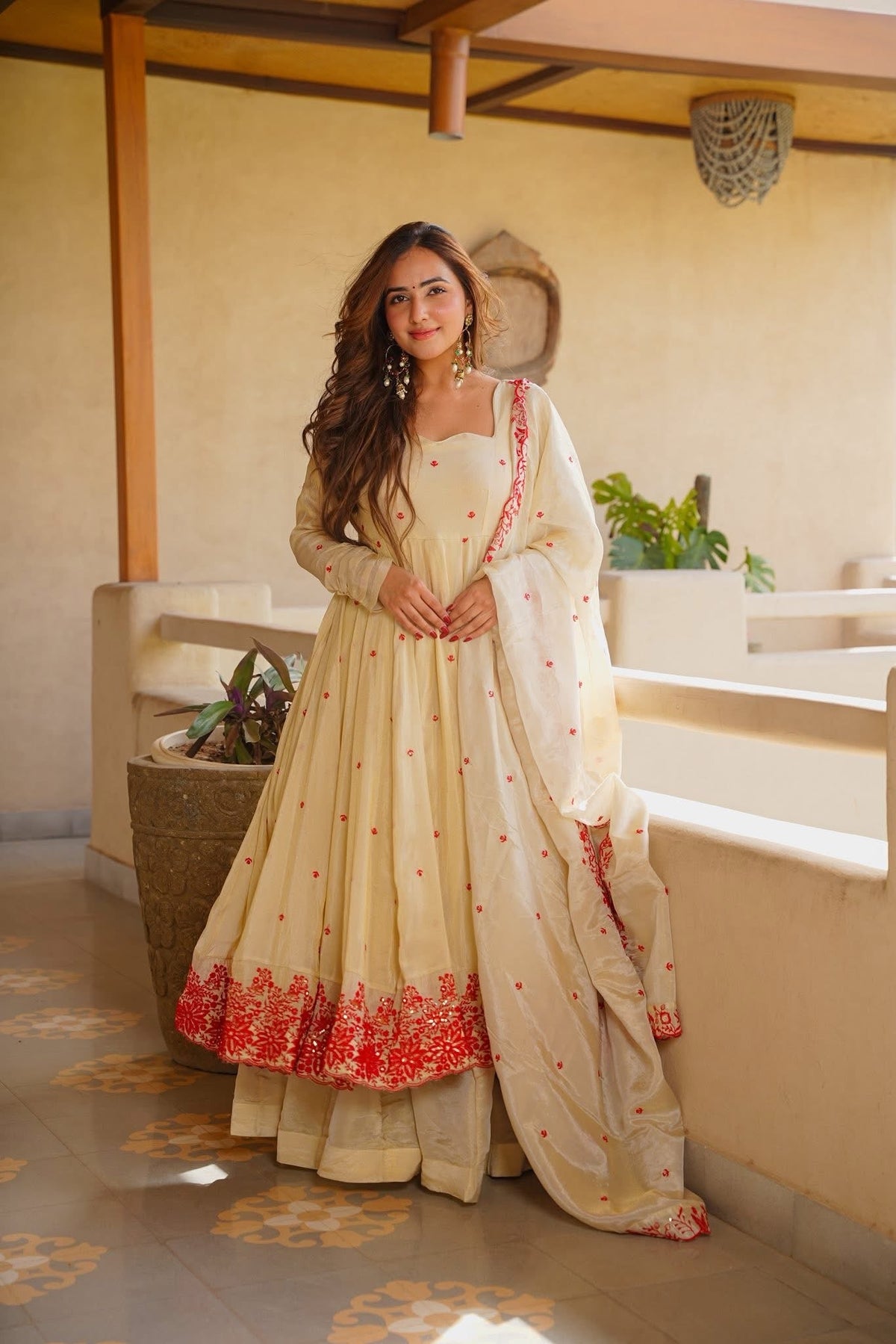 Cream Red Embroidered Anarkali Suit Set with Dupatta
