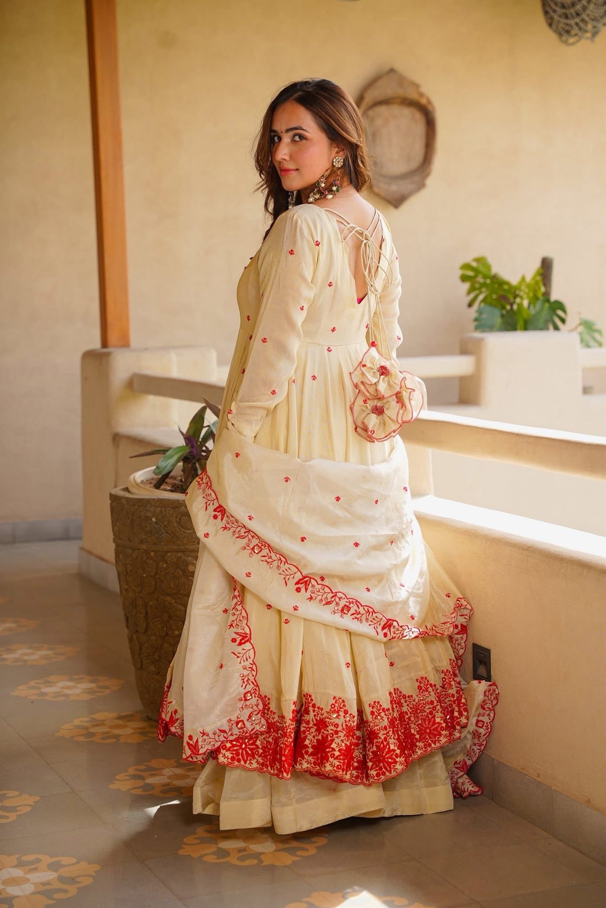 Cream Red Embroidered Anarkali Suit Set with Dupatta