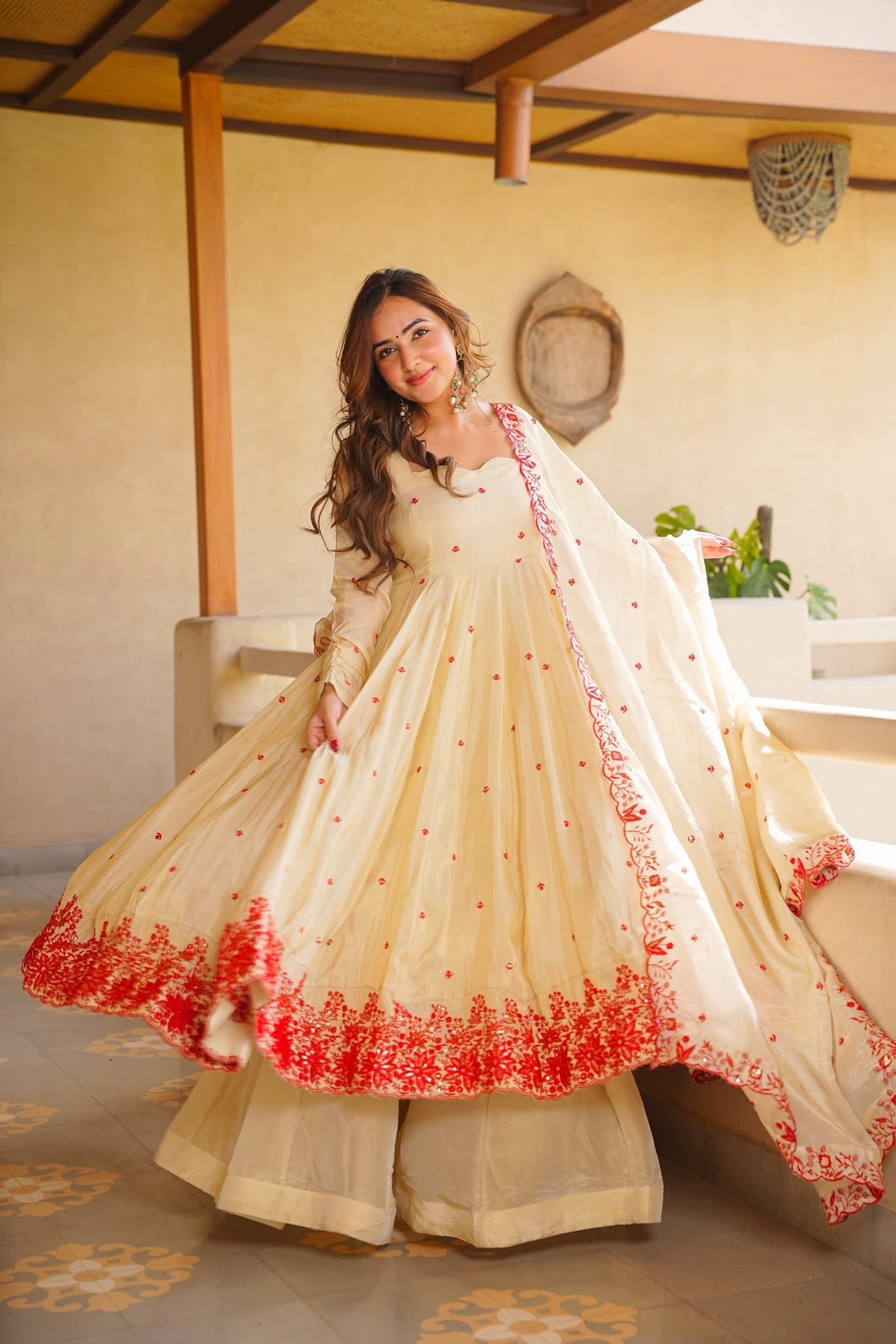 Cream Red Embroidered Anarkali Suit Set with Dupatta