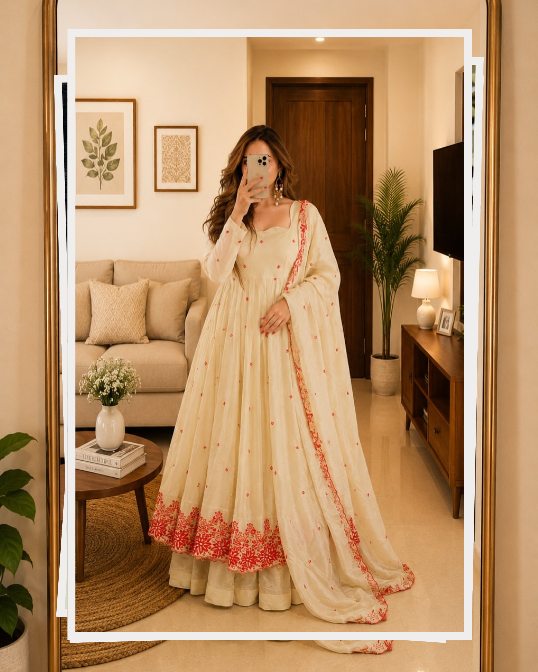 Cream Red Embroidered Anarkali Suit Set with Dupatta