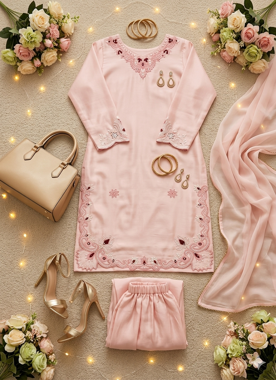 Heavy Embroidery Work Pink Pakistani Suit Set | 3 Piece Salwar Suit with Dupatta