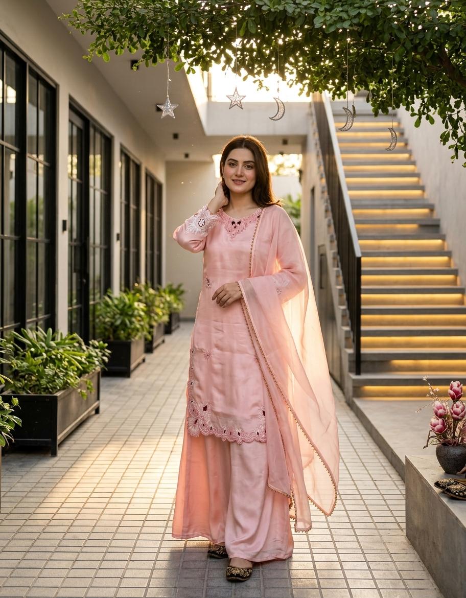 Heavy Embroidery Work Pink Pakistani Suit Set | 3 Piece Salwar Suit with Dupatta