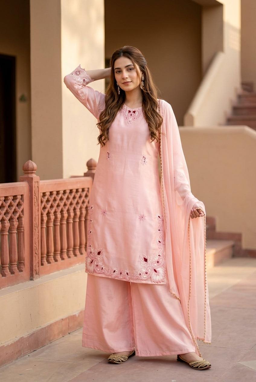 Heavy Embroidery Work Pink Pakistani Suit Set | 3 Piece Salwar Suit with Dupatta