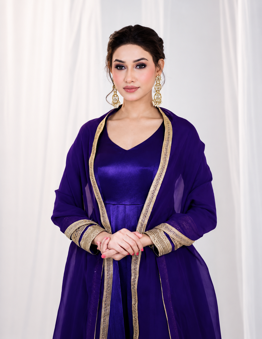 Purple Designer Anarkali Gown Dress with Golden Border Work | Ethnic Party Wear