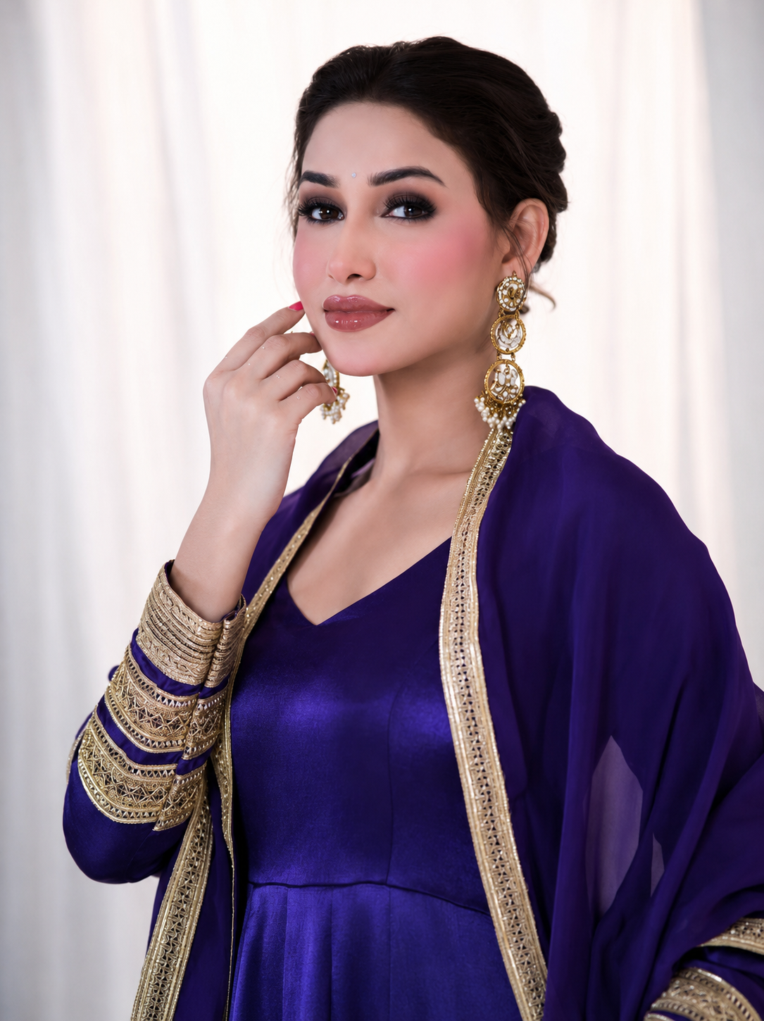 Purple Designer Anarkali Gown Dress with Golden Border Work | Ethnic Party Wear
