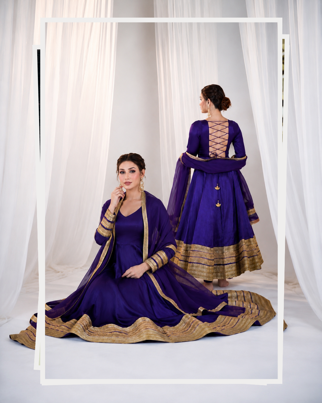 Purple Designer Anarkali Gown Dress with Golden Border Work | Ethnic Party Wear