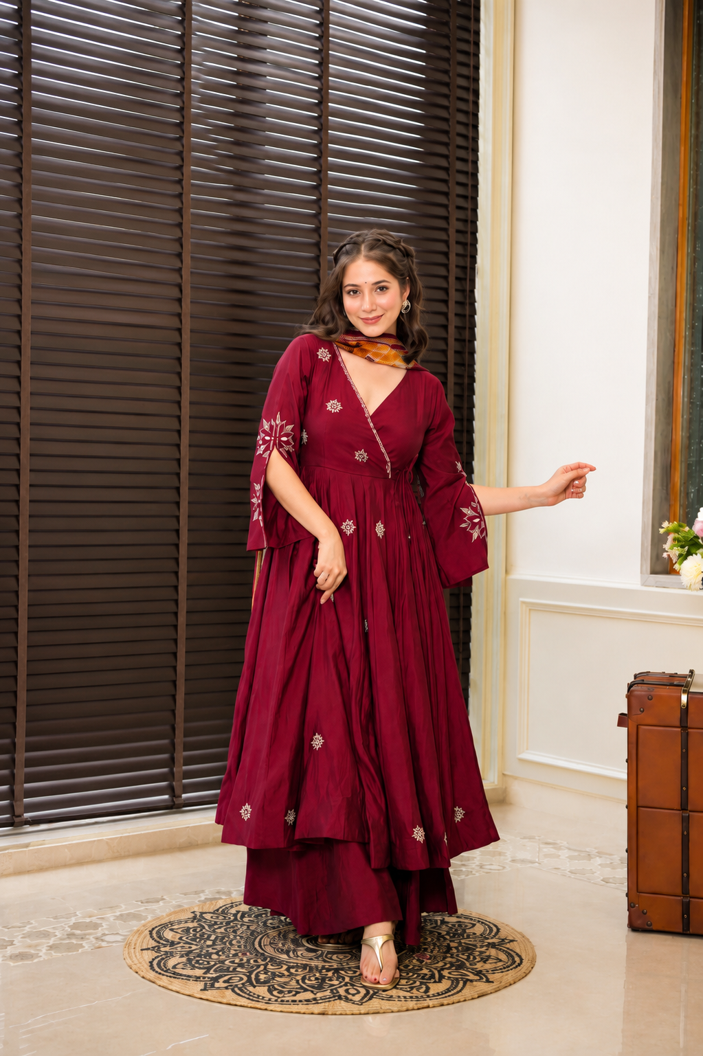 Maroon Embroidered Anarkali Kurta Set with Printed Dupatta