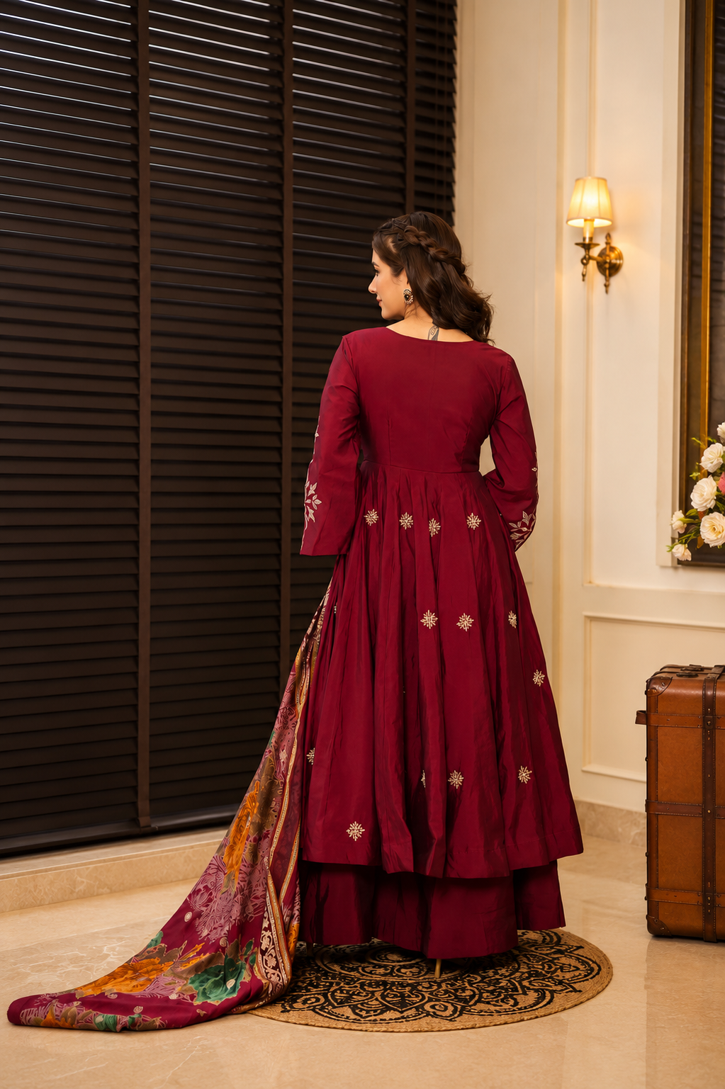 Maroon Embroidered Anarkali Kurta Set with Printed Dupatta