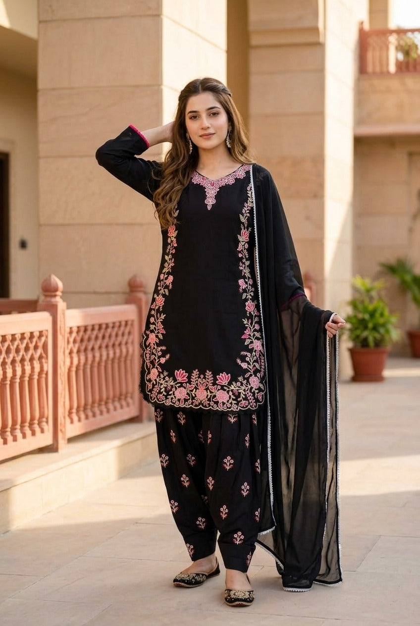Black Pakistani Embroidered 3 Piece Suit Set | Heavy Thread Work Salwar Suit