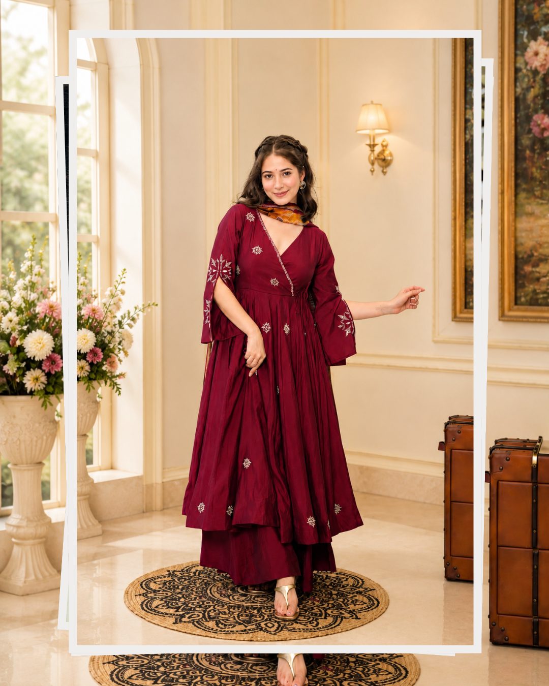 Maroon Embroidered Anarkali Kurta Set with Printed Dupatta