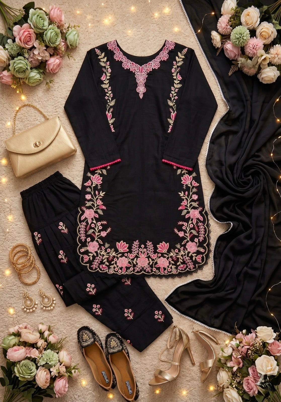 Black Pakistani Embroidered 3 Piece Suit Set | Heavy Thread Work Salwar Suit