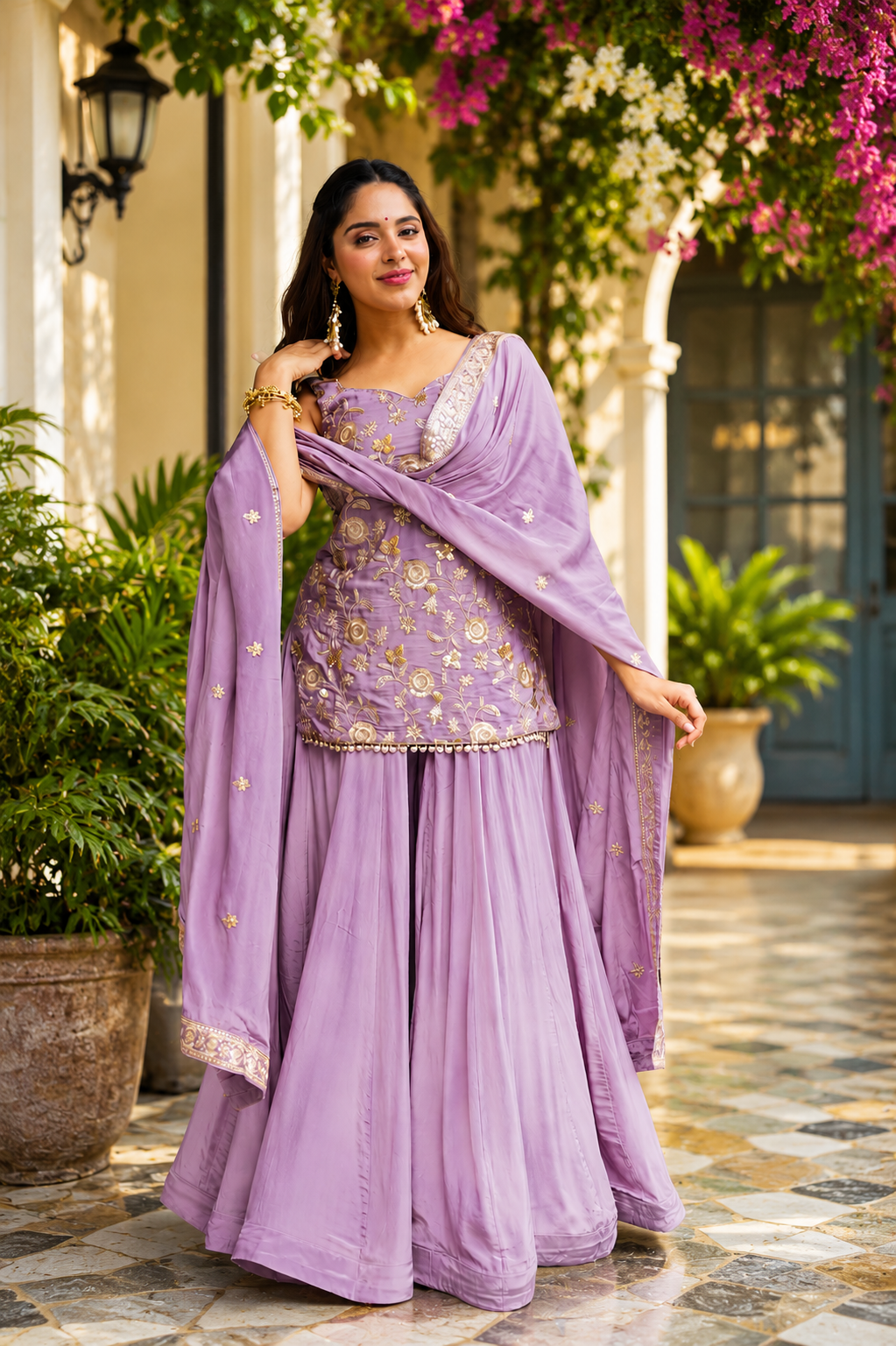 Lavender Embroidered Peplum Sharara Set with Dupatta