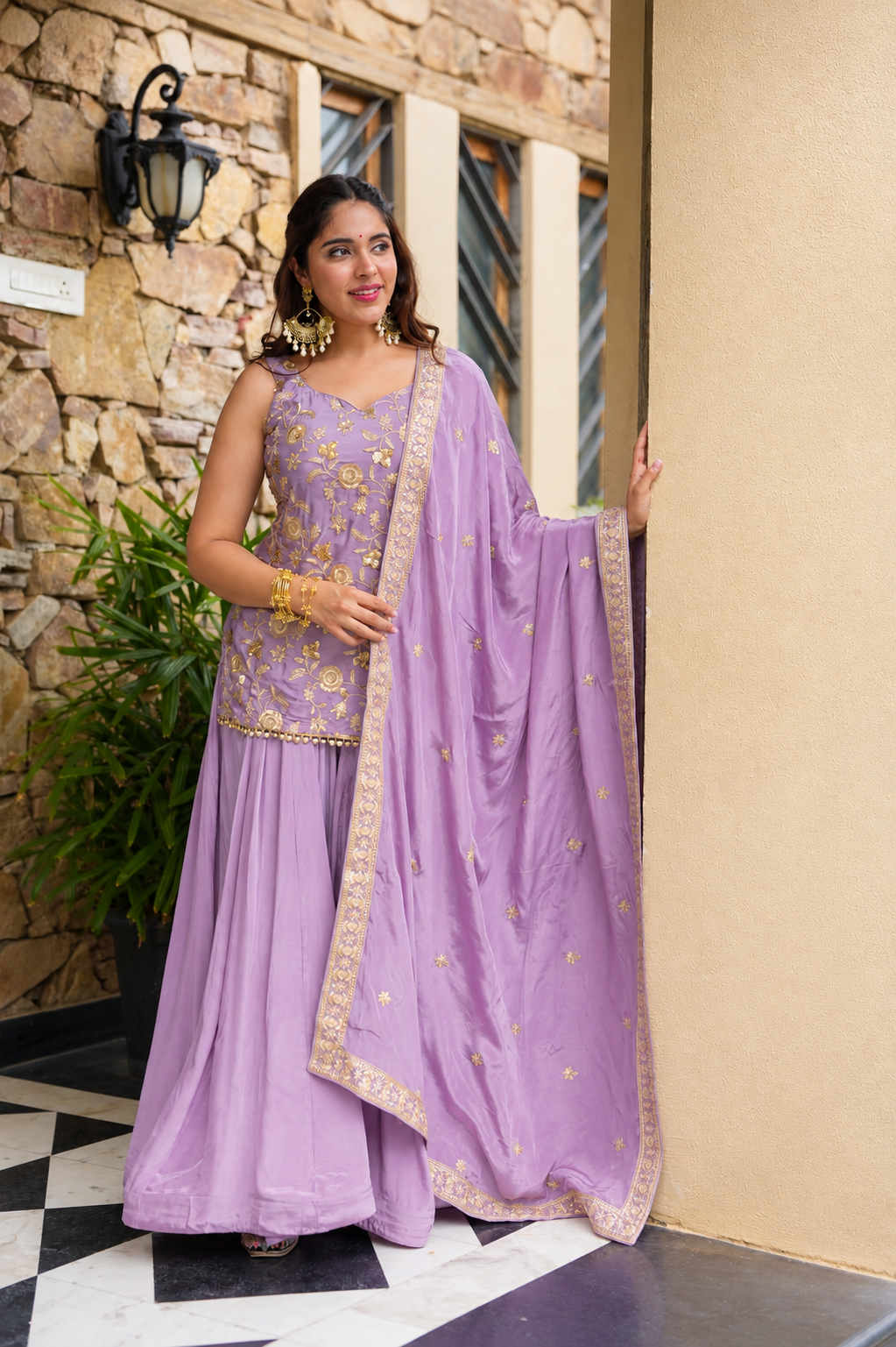 Lavender Embroidered Peplum Sharara Set with Dupatta