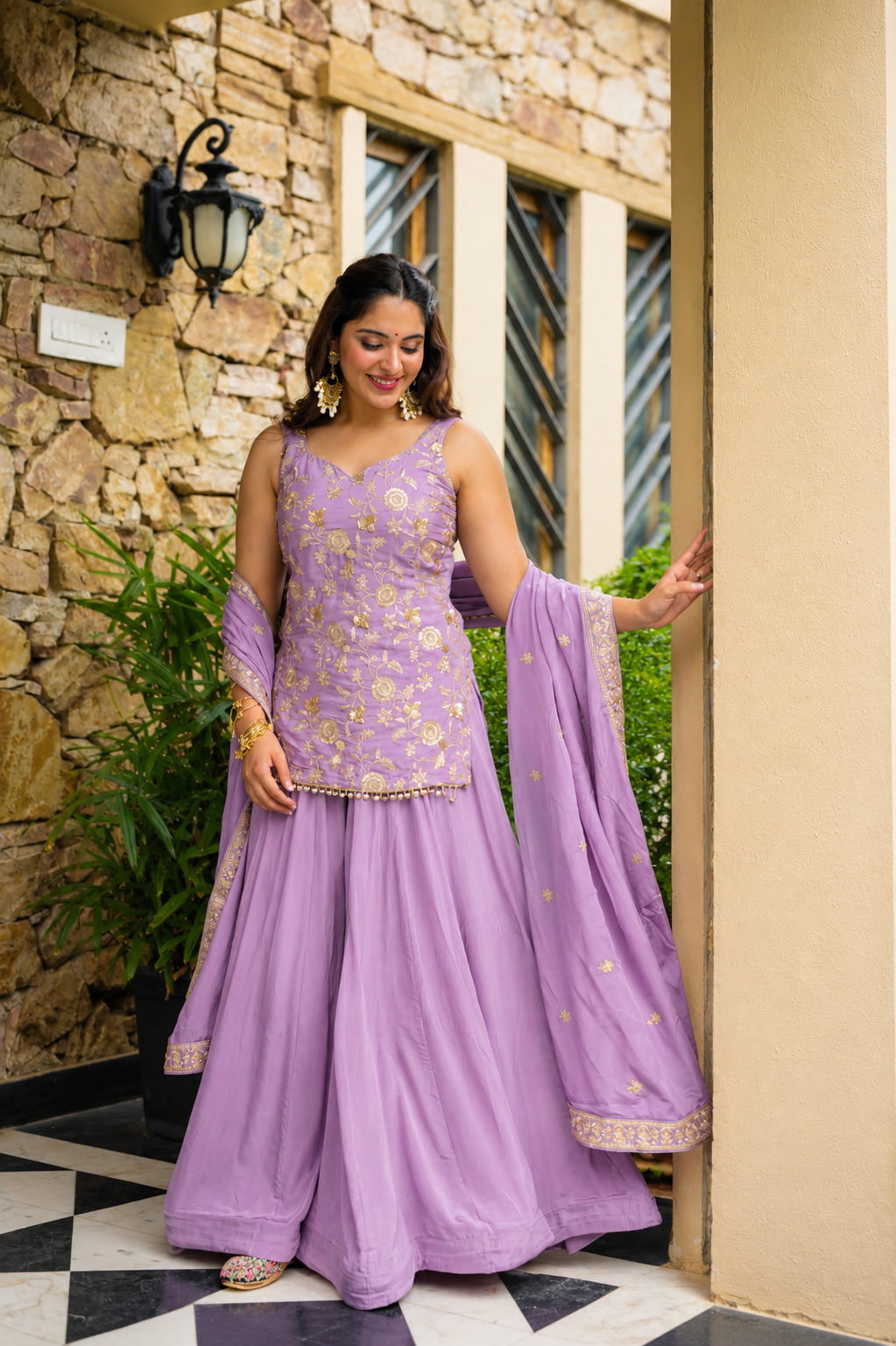 Lavender Embroidered Peplum Sharara Set with Dupatta