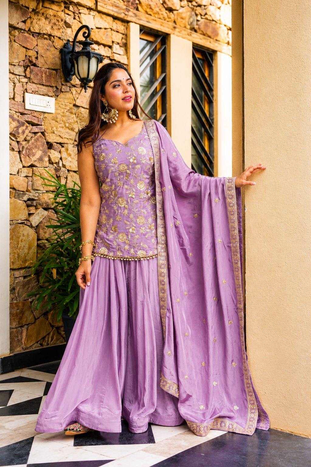 Lavender Embroidered Peplum Sharara Set with Dupatta